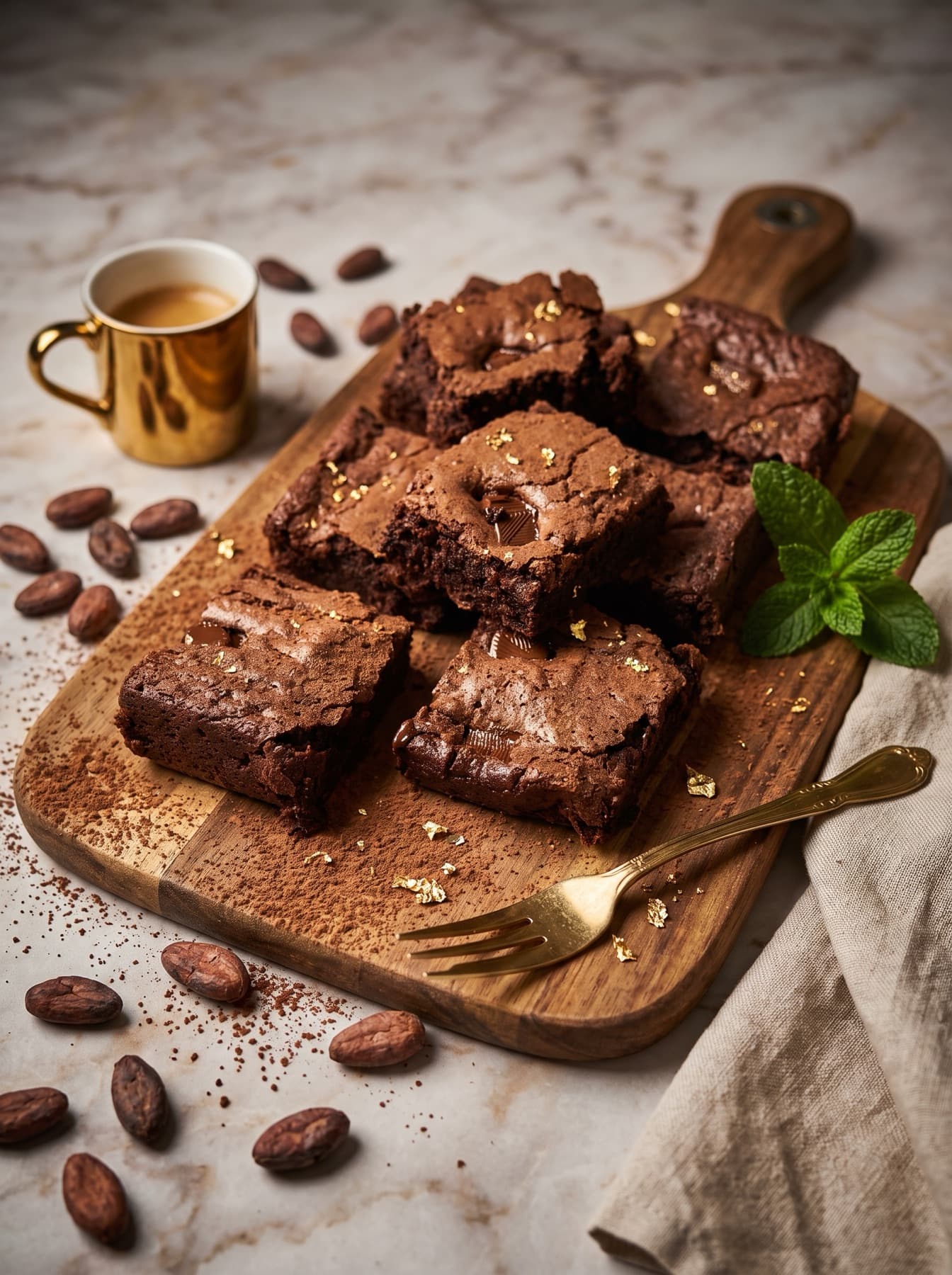Chocolate brownies stacked on a wooden board, dusted with cocoa and flecked with gold leaf