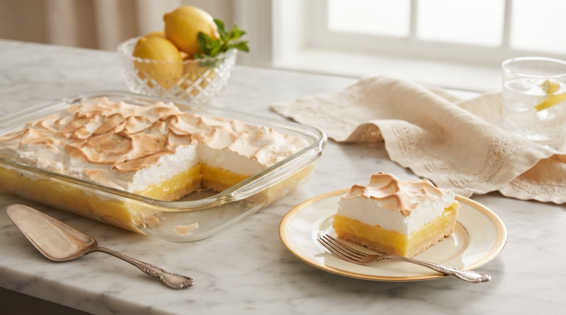 A lemon meringue cheesecake with torched peaks, one slice served on a gold-rimmed plate